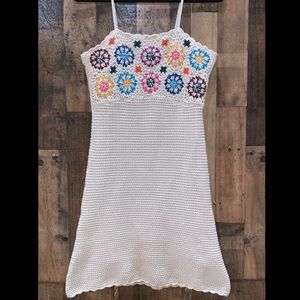 Crochet, white dress with embroidered flowers